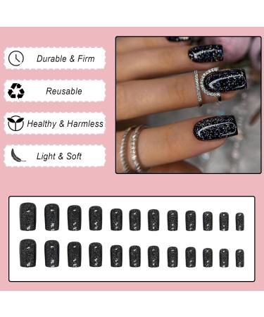 24Pcs Short Square Black Glitter Press on Nails with Rhinestones | Glossy False Nails for Women and Girls | Removable Stick on Nails for Manicure Decoration - Buy Online on GoSupps.com