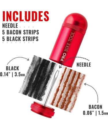 PRO BIKE TOOL Tubeless Tire Repair Kit - Fast Puncture Fix for MTB and Road Bikes - Includes Plugger Tool, Plugs, Storage Canister - 5 Bacon, 5 Black Strips - Red - Buy Online on GoSupps.com