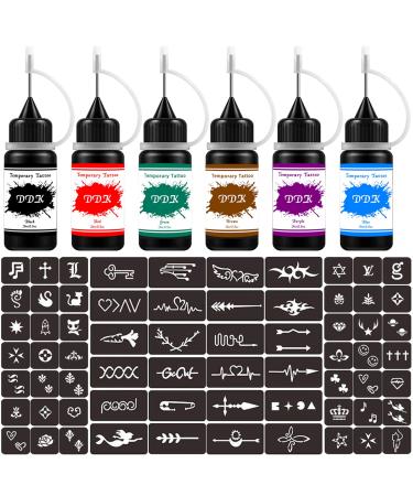 Temporary Tattoo Kit with 6 Colors Fruitty Ink and 64 Patterns Adhensive Stencils, Semi Permanent Tattoo Inkbox Similar to Cones for Adult/Kids Body Makers, Classical Black/Red/Green/Brown/Purple/Blue as DIY Tattoos and Id…