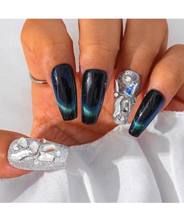 Sethexy Glitter Rhinestone Long Coffin Fake Nails Cat Eye Handmade False Nails Green Crystal Glossy Press on Nails Salon Durable Quality Nails for Women and Girls(C) - Buy Online on GoSupps.com