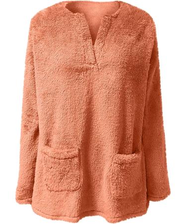 Womens Plus Size Teddy Fleece Hooded Jumper | Soft Double Fleece Hoodie with Pocket | V Neck Pullover Top for Winter | Orange Lounge Sweatshirt - Buy Online on GoSupps.com