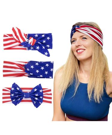 SOIDHSID 3 Pack Patriotic American Flag Headbands Adult Size Independence Day Red White Blue Stars Elastic Hairbands 4th of July Hair Accessory for Unisex Adult Women