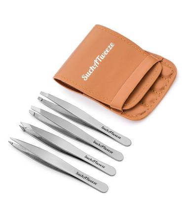 SuchATweeze Stainless Steel Slant Tweezer - Well Designed Protected Tip - Precision Plucker for Men and Women - Perfect for Ingrown and Facial hairs - 5.12  x 1.97  x 0.59 (Set of 4)
