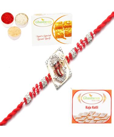 Ghasitaram Gifts Rakhi for Brother Rakhis Online - May Lord Ganesha Be with You Forever Rakhi with 200 GMS of Besan Barfi and 200 GMS of Kaju Katli Rakhi with 200 gms of Besan Barfi & Kaju Katli