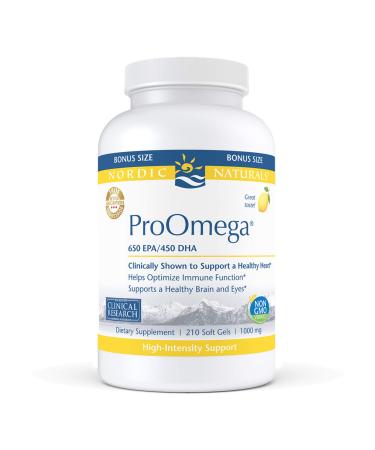 Nordic Naturals ProOmega, Lemon Flavor - 210 Soft Gels - 1280 mg Omega-3 - High-Potency Fish Oil with EPA & DHA - Promotes Brain, Eye, Heart, & Immune Health - Non-GMO - 105 Servings 210 Count (Pack of 1)