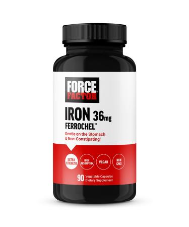 Force Factor Iron Supplement for Women and Men Non-Constipating Gentle on The Stomach Iron Bisglycinate 36mg 90 Vegetable Capsules Unflavored 90 Count (Pack of 1)