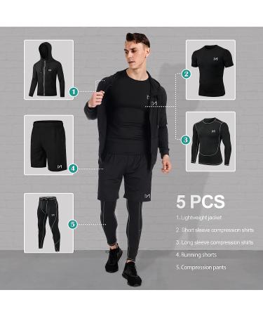 MEETYOO Men's 5-Piece Compression Set - Black Small, Long Sleeve Shirt, Athletic Shorts, Running Jacket - Buy Online on GoSupps.com