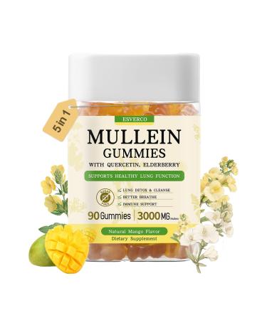 esverco Mullein Gummies with 3600mg Mullein Leaf Extract, 7 in 1 for Lung Cleanse, Respiratory Lung Health, Immune Booster, Elderberry, Quercetin, Bromelain, No Sugar, for Adults, Vegan, 90 Count