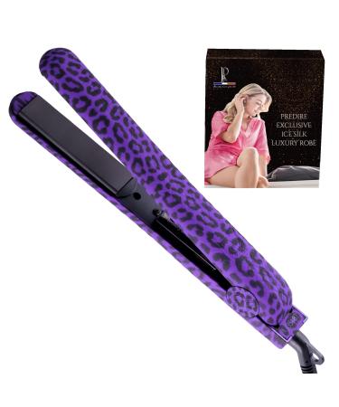 Royale Ionic Flat Iron Luxury Ceramic Tourmaline 2 in 1 Hair Straightener & Curler + Predire Robe - Single Pass Floating Plates Anti-Frizz 1" (Purple Leopard)