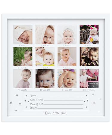 1Dino My First Year Baby Keepsake Picture Frame - 13.2"x 13.2" White Wood Baby Frame Hold 12 Months Photo Inserts - Newborn Baby Registry, Shower Gift for Boys and Girls, Wall or Desk Nursery Decor Alpine White