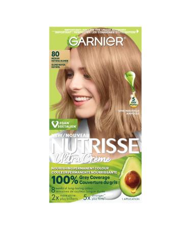 Garnier Nutrisse Ultra Cr me Permanent Hair Dye 100% Grey Coverage Vegan Formula Nourished Hair Long-Lasting Rich Colour 80 Medium Natural Blonde 1 Application Packaging May Vary BLONDE SHADES 80 Medium Natural Blonde