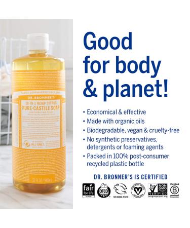 Dr. Bronner's Citrus Pure-Castile Liquid Soap 32oz - Organic & Vegan | 18-in-1 Uses for Face, Body, Hair, and Household Tasks - Buy Online on GoSupps.com