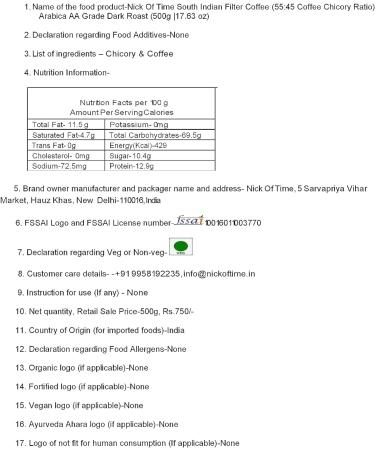 Nick Of Time South Indian Chicory Filter Coffee (55:45 Coffee Chicory Ratio) 100% Arabica AA Grade Dark Roast | Balanced Flavor & Aroma (500g|17.63 oz) - Buy Online on GoSupps.com