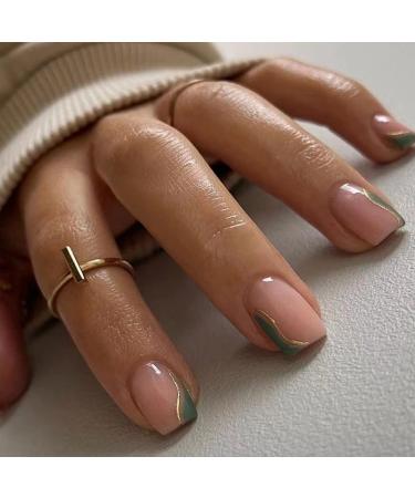 Justotry 24 pieces angular olive nails to stick on short green French artificial nails medium nude art nails press on nails swirl square fingernails fake nails short for women olive & square2