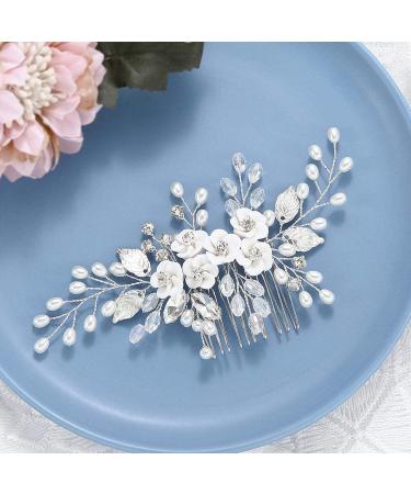 Edary Silver Flower Bridal Hair Comb Pearl & Crystal Hairpiece for Weddings | Elegant Leaf Accessories for Women & Girls - Buy Online on GoSupps.com