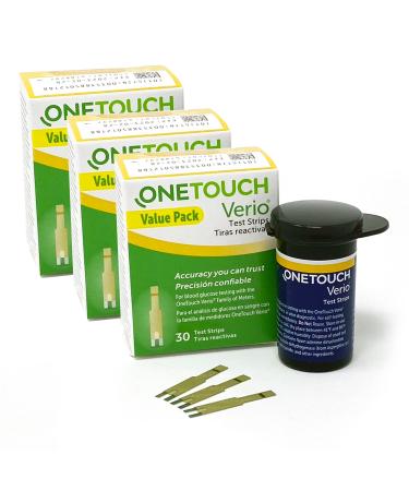OneTouch Verio Test Strips For Diabetes Value Pack - 90 Count | Diabetic Test Strips For Blood Sugar Monitor | At Home Self Glucose Testing | 3 Packs, 30 Strips Per Pack