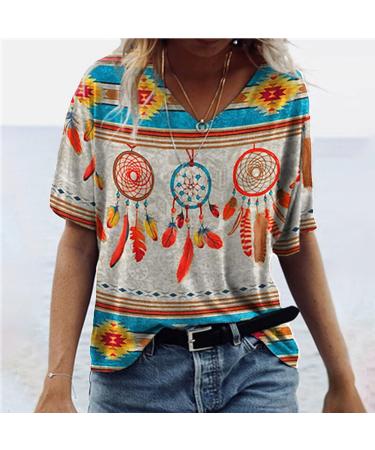 Women's Yellow Tribal Print V-Neck T-Shirt, XL - Dream Catcher Feather Design | Summer Casual Top - Buy Online on GoSupps.com