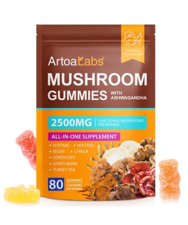 Mushroom Gummies with Ashwagandha 2500mg Lions Mane Mushroom Supplement Blend Organic Reishi Cordyceps Turkey Tail & More Boosts Energy Memory Immune Defense- 80 Gummies 80 Count (Pack of 1)