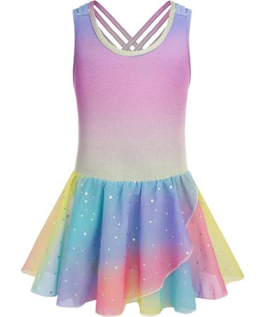 Zaclotre Girls Gymnastics Leotard with Criss Cross Straps, Shiny Ballet Dress | Hollow Back Skirted Ballerina Costume - Rainbow Gradient | 8-9 Years - Buy Online on GoSupps.com