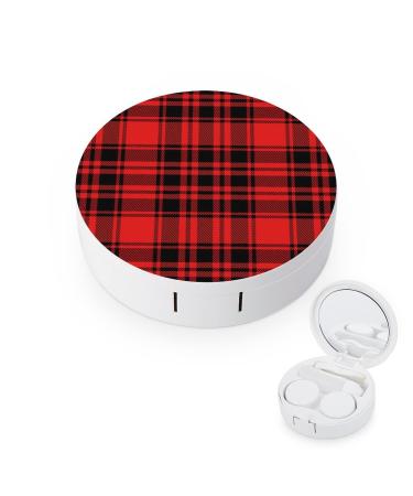 Christmas Red And Black Plaid Round Case For Contact Lens Kit Storage Box with Mirror Printed