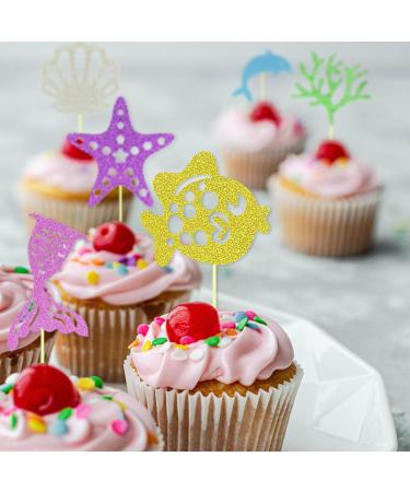 MUOVERN 24pcs Mermaid Cupcake Wrappers Toppers Glitter Mermaid Happy Birthday Cake Seashells Coral Mermaid Tail Starfish Dolphin Cake Decoration Birthday Party Supplies Under The Sea Baby Shower - Buy Online on GoSupps.com