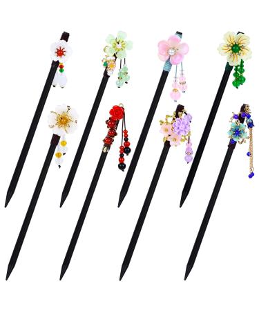 inSowni 8 Pieces Vintage Retro Asian Japanese Chinese Traditional Hanfu Flower Wooden Hair Sticks with Bead Pendants Hair Pins Forks Chopsticks Headpieces for Women Girls Teens Buns Updos