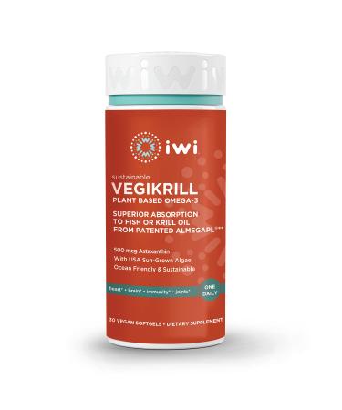 Iwi Life Vegikrill - Krill Free Vegan Omega-3 Algae Oil with More Astaxanthin - DHA, EPA, Polar Lipids Supports Heart, Brain, Joint, Eye & Immune Health - Gluten-Free - 30 Softgels (30 Day Supply) 30 Count (Pack of 1)