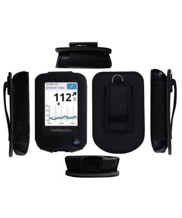 Fitted Leather Case W/Screen Protector (Includes Carabiner & Lanyard) for Freestyle Libre Freestyle Libre 2 Freestyle Libre 14 Day Freestyle Libre HD (Black)