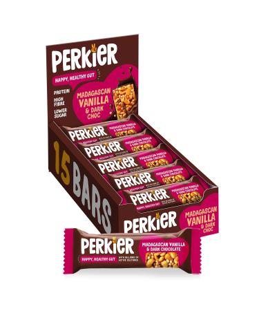 Perkier Madagascan Vanilla & Dark Chocolate Snack Bars (15 Pack) Vegan Gluten Free Protein High Fibre Lower Sugar - Natural Ingredients Lower Calorie Healthy No Palm Oil Madagascan Vanilla & Dark Chocolate 15 count (Pack of 1)