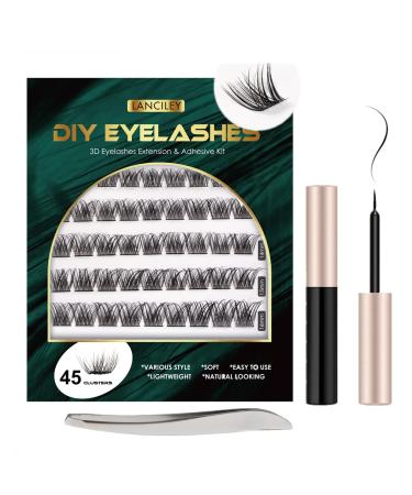 Lanciley Individual Lashes 45 Clusters Lashes CC Curl DIY Eyelash Extension Kit at Home for Make-up Beginner False Eyelashes with Eyelash Glue Tweezers 10/12/14/15/16mm Easy to Use - Fluffy Style 45 clusters - fluffy