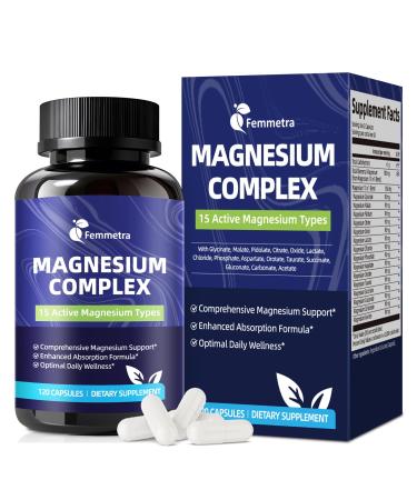 Magnesium Complex for Women Men 1350mg 15 in 1 Pure Magnesium Supplement with Magnesium Glycinate Citrate Malate Taurate Oxide Magnesio for Muscle Heart Relaxation & Nerve Support Vegan 60 Days 120 Count (Pack of 1)