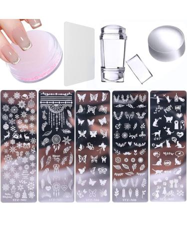 8 Pcs Nail Stamp Template Kit French, with 1 Stamper 2 Clear Jelly Silicone Nail Stamper for DIY Nail Decor Easy French Style Nail Art Designs, Nail Stamper Stencil Plates Set Manicure Nail Supplies ##-Pink