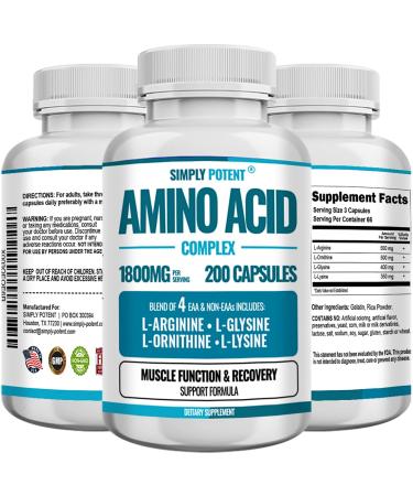 Simply Potent Amino Acid Complex 1800mg 200 Capsules, Blend of 4 Essential and Non Essential Amino Acids, Includes L-Arginine 550mg, L-Ornithine 500mg, L-Glysine 400mg & L-Lysine 350mg for Muscle
