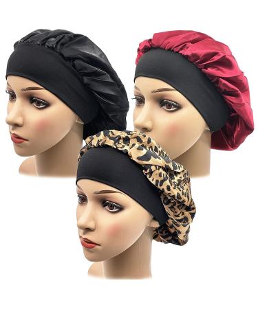 Satin Bonnet,3PCS Silk Hair Bonnet for Women Hair Care,Soft Sleep Cap ?for Braids Natural Curly Hair Satin Sleeping Cap (Black+Leopard+Red)
