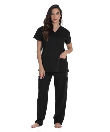 Just Love Solid Stretch Scrub Set for Women Stretchy Mock Wrap Top and Cargo Pants Medium Black Stretch Fabric