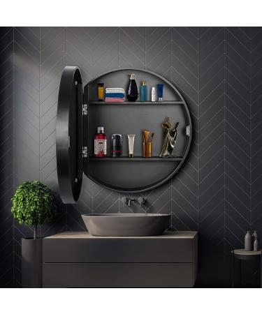 SDK Round Bathroom Mirror Cabinet - Black 50CM: Wall Storage & Medicine Cabinet with Slow-Close Wooden Frame - 3 Level Organization - Buy Online on GoSupps.com