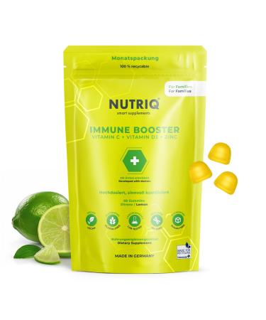 NUTRIQ Immune Booster Multivitamin Gummies - Vitamin Gums with Vitamin C + Vitamin D + Zinc for the Whole Family - 60 Pieces (2 Month Reserve) - Vegan Sugar and Gelatin Free (150g)