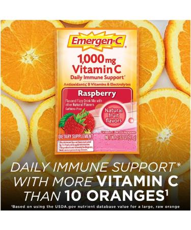 Emergen-C 1000mg Vitamin C Powder with Antioxidants, B Vitamins, Electrolytes - Raspberry Flavor, 60 Count - Buy Online on GoSupps.com