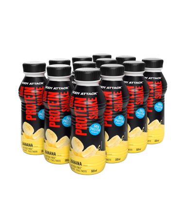 Body Attack High Protein Shake - Banana 12 x 500 ml (incl. deposit) - Made in Germany - 50 g protein each - low-calorie protein shake for muscle building - ready-to-drink with milk protein Banana 6 l (1 pack)