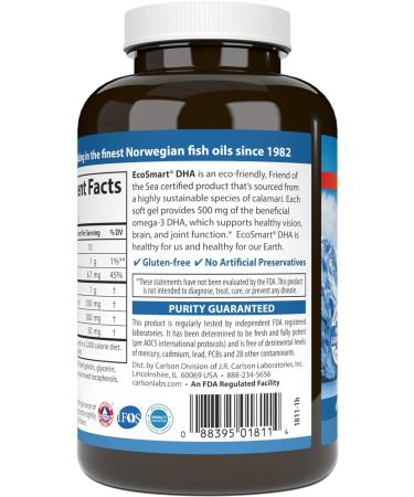 Carlson - EcoSmart DHA 500 mg DHA Sustainable Source Healthy Vision & Brain Function Lemon 120 Softgels - Buy Online on GoSupps.com