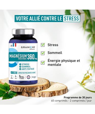Magnesium Bisglycinate 360 MG - GRANIONS - Strong Dosage Magnesium + Vitamin B6 - Anti-Stress Adult - Magnesium Bisglycinate 360 MG - Stress Fatigue - Magnesium 60 Tablets - Made in France - Buy Online on GoSupps.com