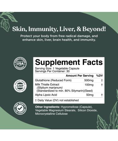 Nature Bound Glutathione Supplement 500mg - Skin Whitening Pills with Milk Thistle & Alpha Lipoic Acid - 30 Veg Capsules - Buy Online on GoSupps.com