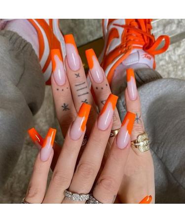 BABALAL French Press on Nails Orange Acrylic Nails Long False Nails Glossy Nails Ballerina Coffin Nails for Women and Girls C03