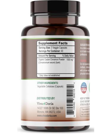 Viva Doria Ceylon Cinnamon, 120 Veggie Capsules, 1500mg Per Serving, Gelatin Free, Made from Organic True Ceylon Cinnamon, 120 Vegetable Capsules - Buy Online on GoSupps.com
