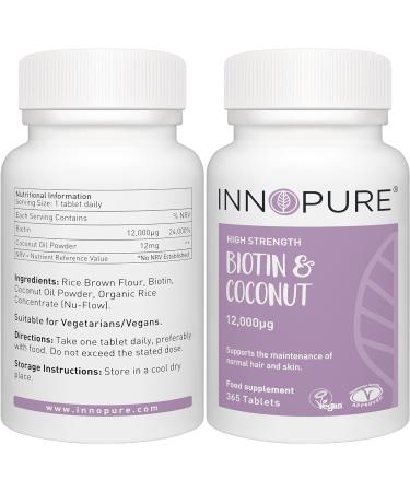 INNOPURE High Strength Biotin Tablets 12000mcg (365 Tablets) - Vegan Society Certified - UK Made 1-Year Supply - Buy Online on GoSupps.com