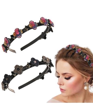 2 PCS Headband With Clips for Women - Sparkling Crystal Stone Hair Clips Double Bangs Hairstyle Hairpin Korean Headband  Double Layer Twist Plait Headband Hair Accessories with Rhinestones For Women& Girls  4