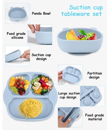 Jissta Baby Weaning Set 8 Pcs | Silicone Feeding Set with Suction Bowl, Bib, Cup, Fork & Spoon | Non-Slip Baby Plate | BPA-Free (Blue) - Buy Online on GoSupps.com