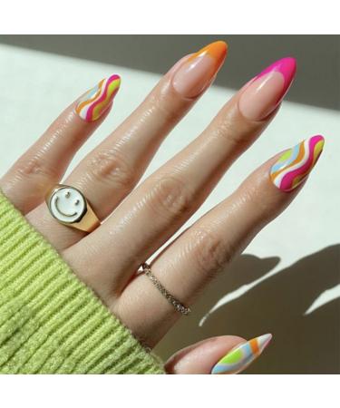 JUSTOTRY 24 Pcs Swirl Oval False Nails Short Multicolour French Press on Nails Pattern Trendy Fake Nails Short with Nail Glue Almond Stick on Nails for Women Nails Fake Nail for Nails Art