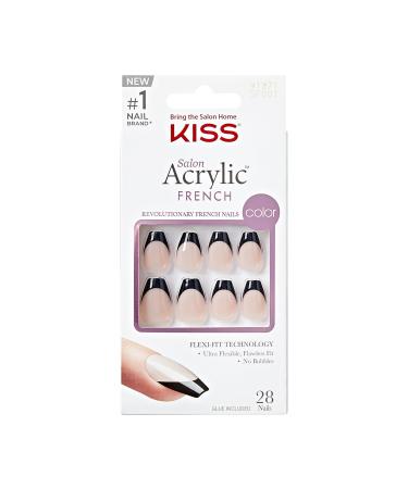 KISS Salon Acrylic French Press-On Nails Nail glue included 'Flame' Dark Black Short Size Coffin Shape Includes 28 Nails 2G Glue 1 Manicure Stick 1 Mini File