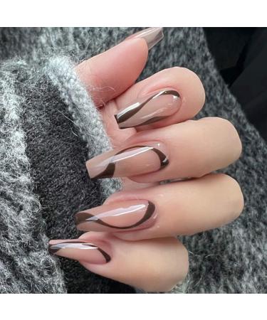 Handcess coffin shiny artificial nails brown line artificial nails long skin -colored for pressing ballerina acrylic for gluing 24 pieces for women and girls - Buy Online on GoSupps.com